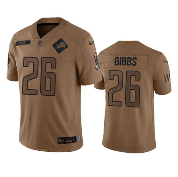 Men%27s Detroit Lions #26 Jahmyr Gibbs 2023 Brown Salute To Service Limited Football Stitched Jersey Dyin